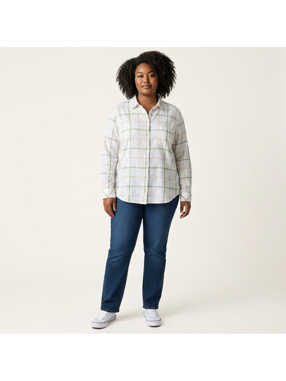 Sonoma Shirt Women XL White Plaid Button Up Collared Long Sleeve Pockets Cotton